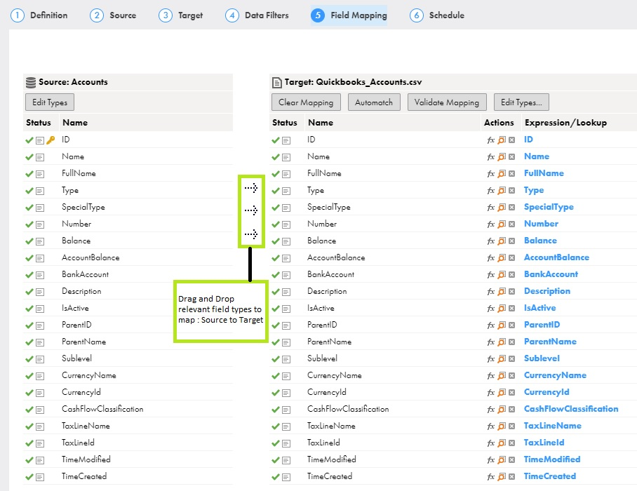 In the Field Mapping tab, map source fields to target fields accordingly.