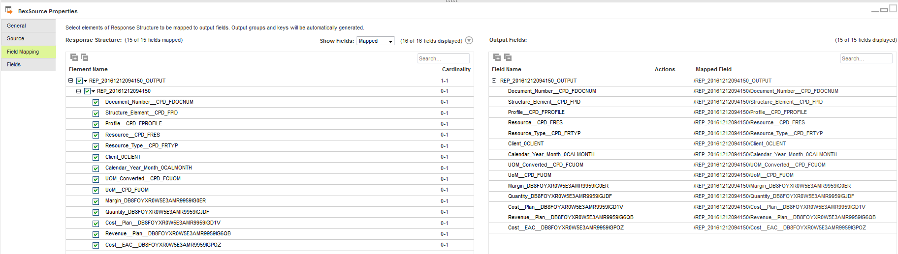 You can view the mapped fields from the response structure to the output fields.