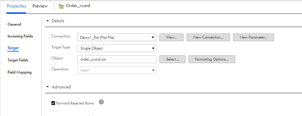 The configured target details for a flat file.