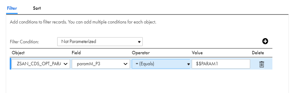 The configured simple data filter that filters data from an ABAP CDS view object using a parameterized value.