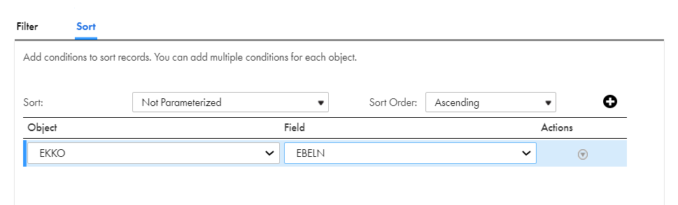 The configured simple sort criteria that sorts data using the ascending order to a source object.