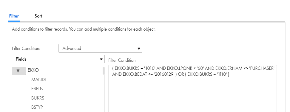 The configured advanced data filter that contains multiple conditions to filter data using a non-parameterized value to a source object.