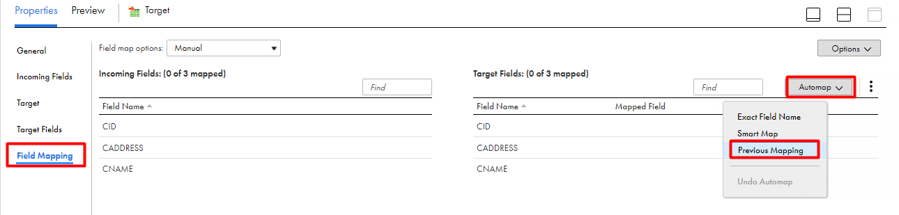 The automap option is selected to retain the mappings from the old connector.