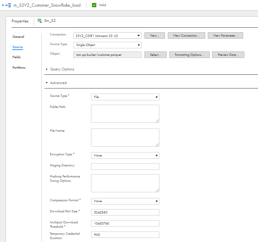 You can view the Amazon S3 source configured properties.