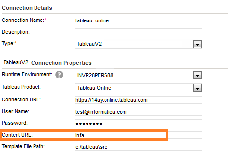 You can view the content URL field, infa, in the connection properties.