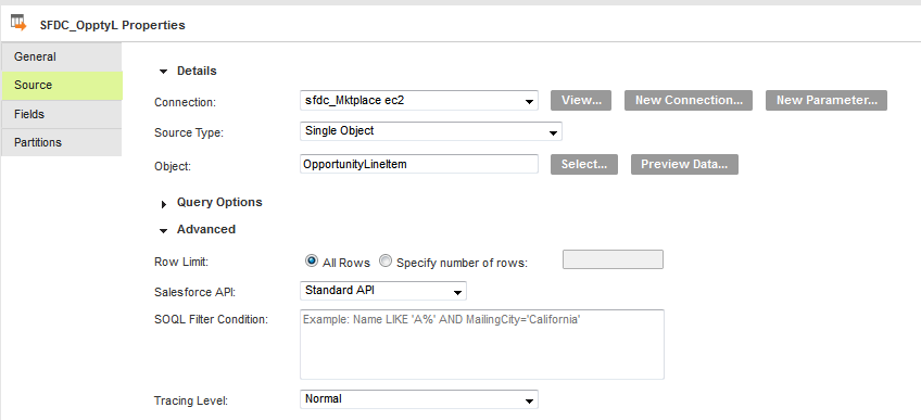The Source tab shows the configured Salesforce connection, opportunity line source object, and the filter condition.