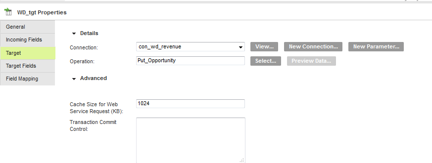 The Target tab shows the configured connection and the Put_Opportunity operation.