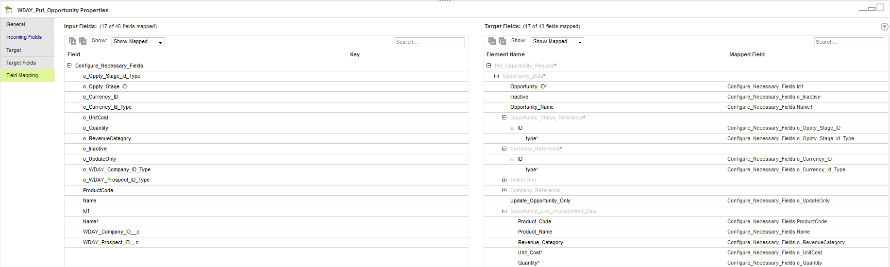 You can view the mapped fields between the Salesforce source and the Workday target.