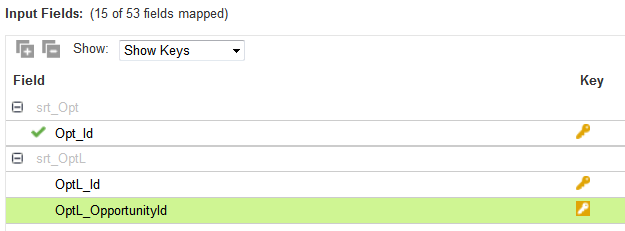 You can view the primary key for the opportunity object and the designated primary and foreign keys for the opportunity line object.
