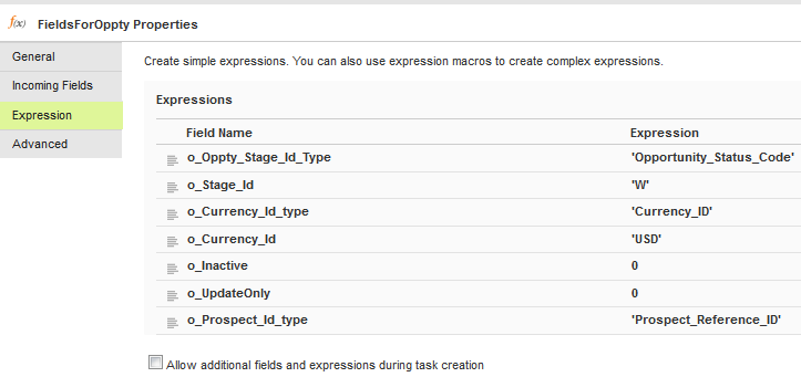 The expression includes the reference IDs for currency, opportunity status code, and prospect. Inactive = False indicates that the activity opportunity is active, the Update_only field corresponds to the Update_Opportunity_Only target field.