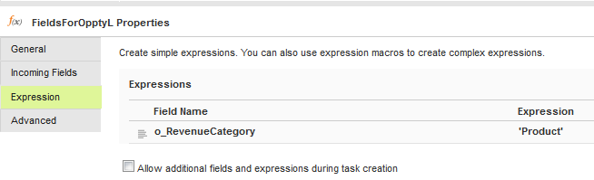 The expression includes the required field for the opportunity line data in Workday. For the opportunity line group, revenue category is the opportunity line type.