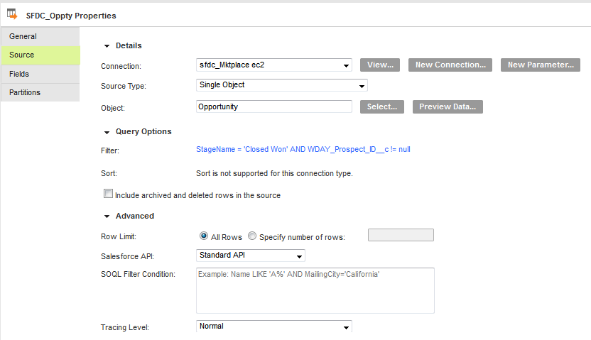 The Source tab shows the configured Salesforce connection, opportunity source object, and the filter condition.