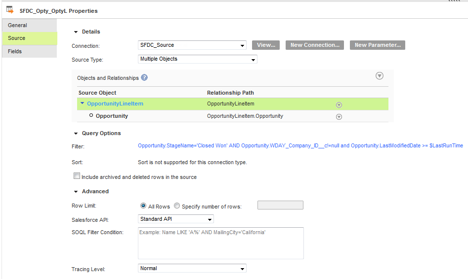 The Source transformation includes the Salesforce connection, opportunity and oppoutunityline Salesforce multiple source objects, and the filter.