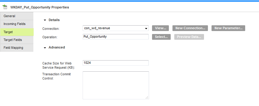 The Target tab shows the configured Workday connection and the Put_Opportunity operation selected to write to the Workday target.