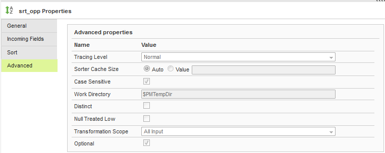 You can view the advanced properties for the Sorter transformation.
