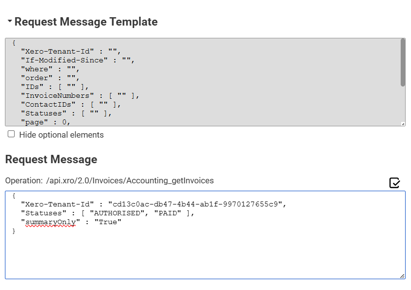 In the Request Message Editor, the request message template at the top lists the empty parameters for the operation. Below the template, the Request Message section shows a request message with an example configuration.
