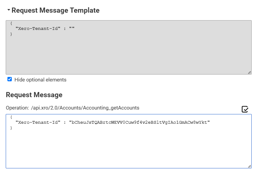 In the request message template, the Hide optional elements check box is selected, and the template shows only the required Xero-Tenant-Id parameter.