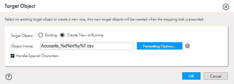 The following image shows the Target Object box where you can select an existing target object or create a new target object at the runtime.