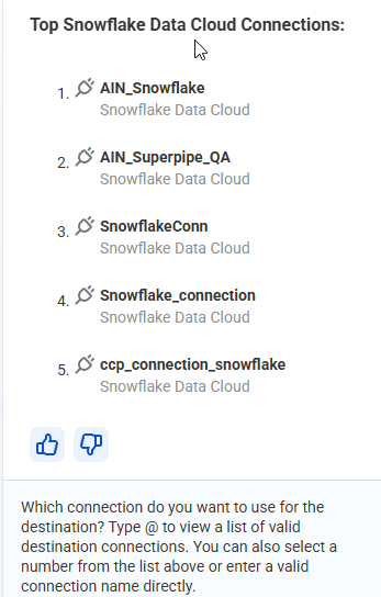 List of Snowflake target connections to choose from.