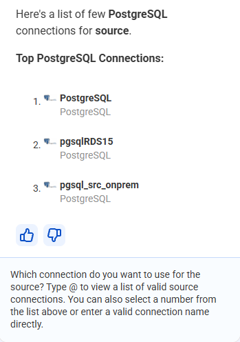 List of PostgreSQL source connections to choose from.