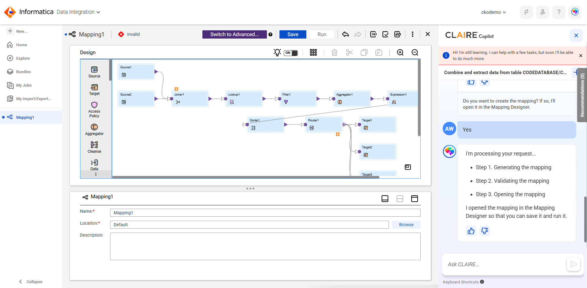 The conversation window shows that CLAIRE Copilot processed the request to create the mapping. The mapping is open in the Mapping Designer.