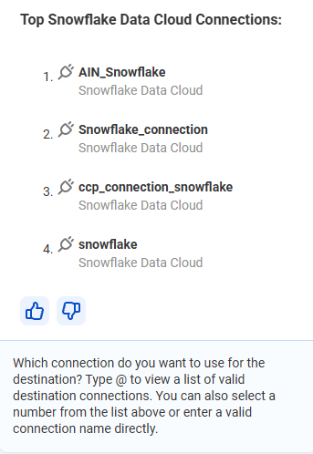 List of example Snowflake connections to choose from.