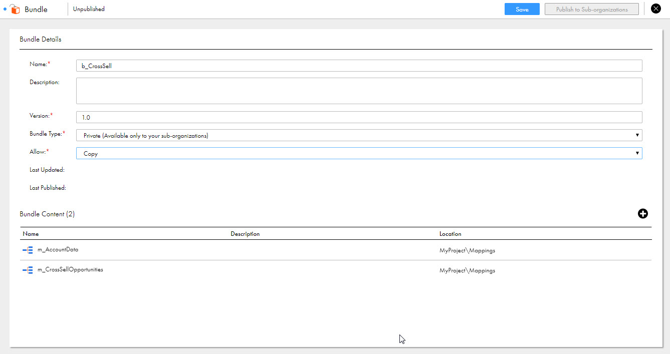 The image shows the Bundle page with details for the b_CrossSell bundle including the bundle name, version, bundle type, and indicates that copying the bundle is allowed. The Bundle Content list includes two mappings that will be included in the bundle.