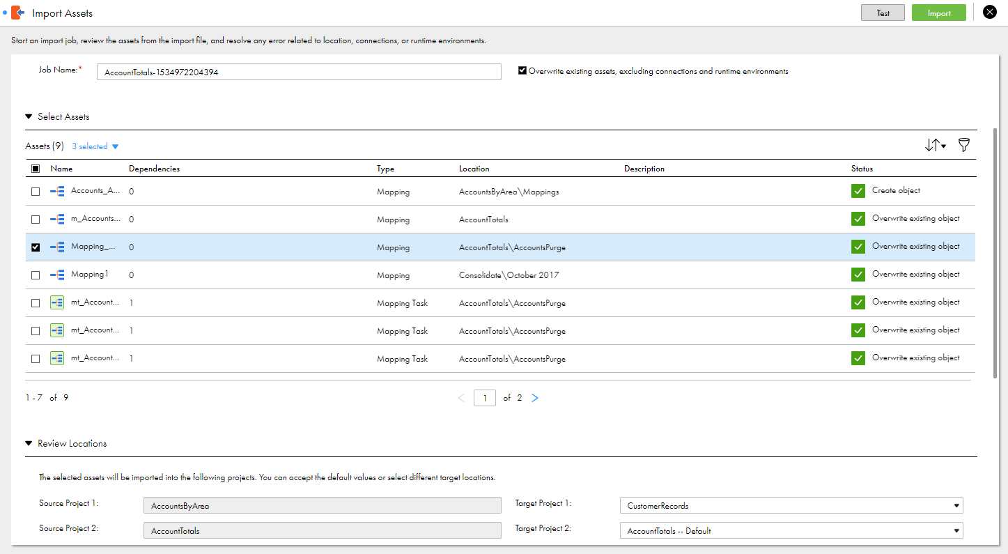 The image of the Import Asset page shows nine assets and the projects in which the assets are to be located. The Status column shows that during the import, Informatica Intelligent Cloud Services creates one of the assets because it does not exist in the target location. Informatica Intelligent Cloud Services overwrites the other assets because assets with the same name exist in the target location.