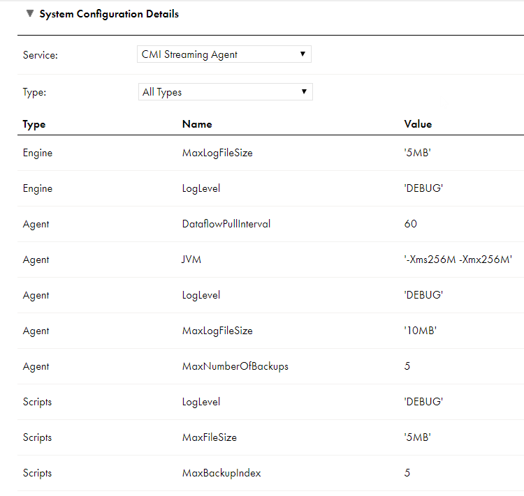 Shows some of the Streaming Ingestion Agent configurable properties.