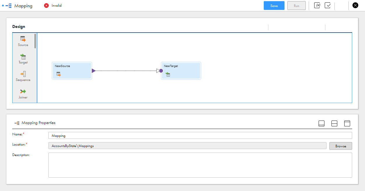 The Mapping Designer includes the mapping canvas, where you build your mapping, and the Properties panel, where you set properties for the mapping and each of the transformations in the mapping.