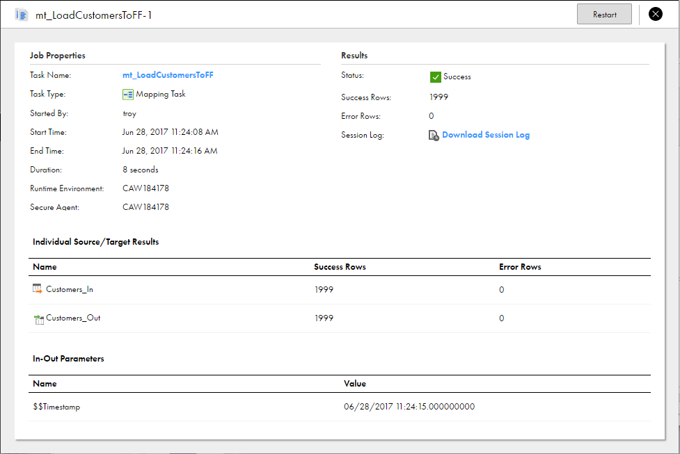 The "In-Out Parameters" area at the bottom of the job details shows the values for each in-out parameter in the mapping.