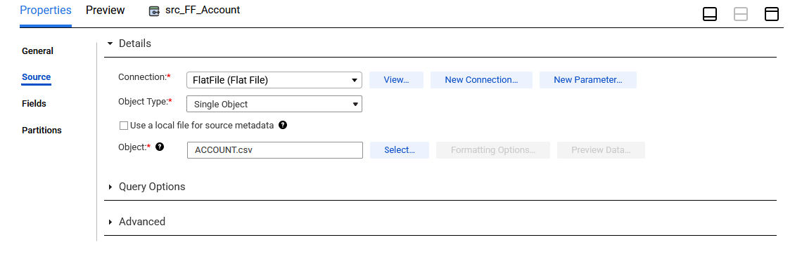 The Properties panel displays the source connection, source object type, and source object for the src_FF_Account source transformation.
