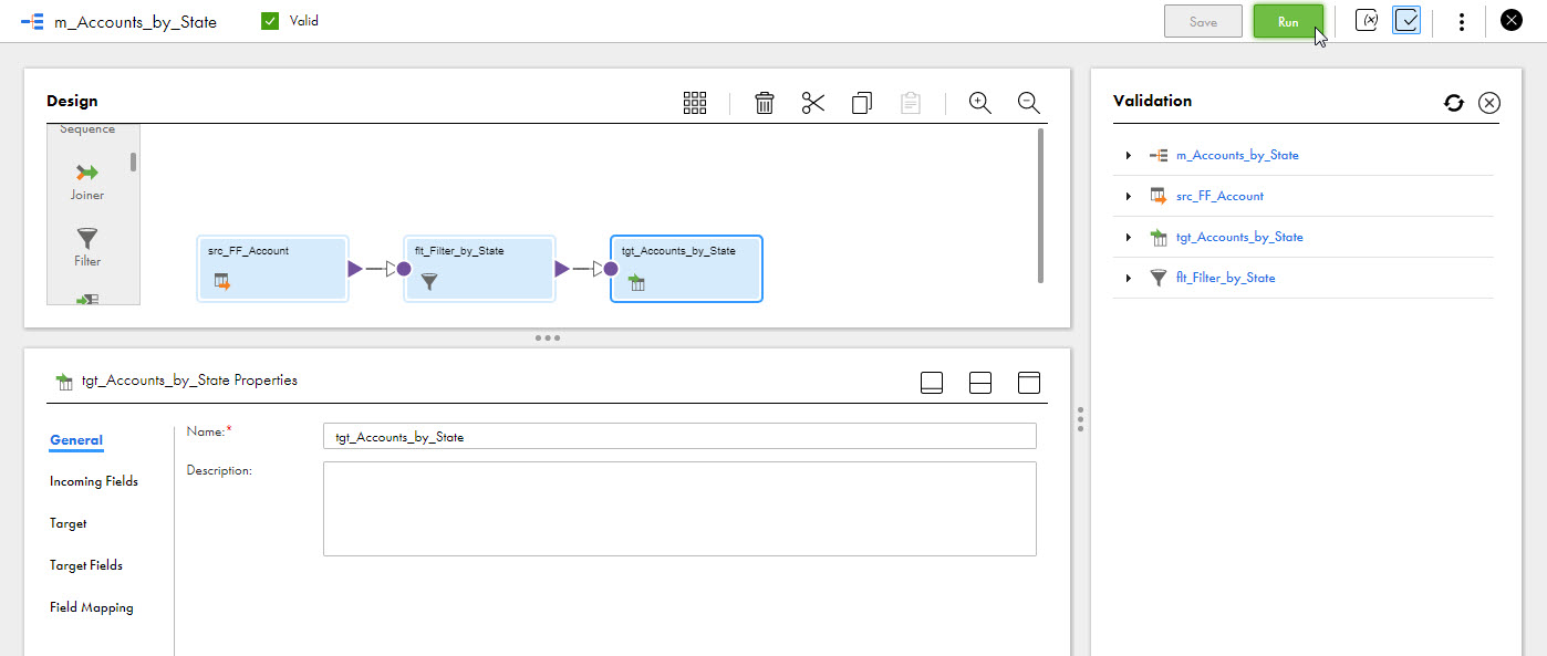 The mapping canvas shows a complete mapping with the Source, Filter, and Target transformations. When the mapping is valid, you can click Run.