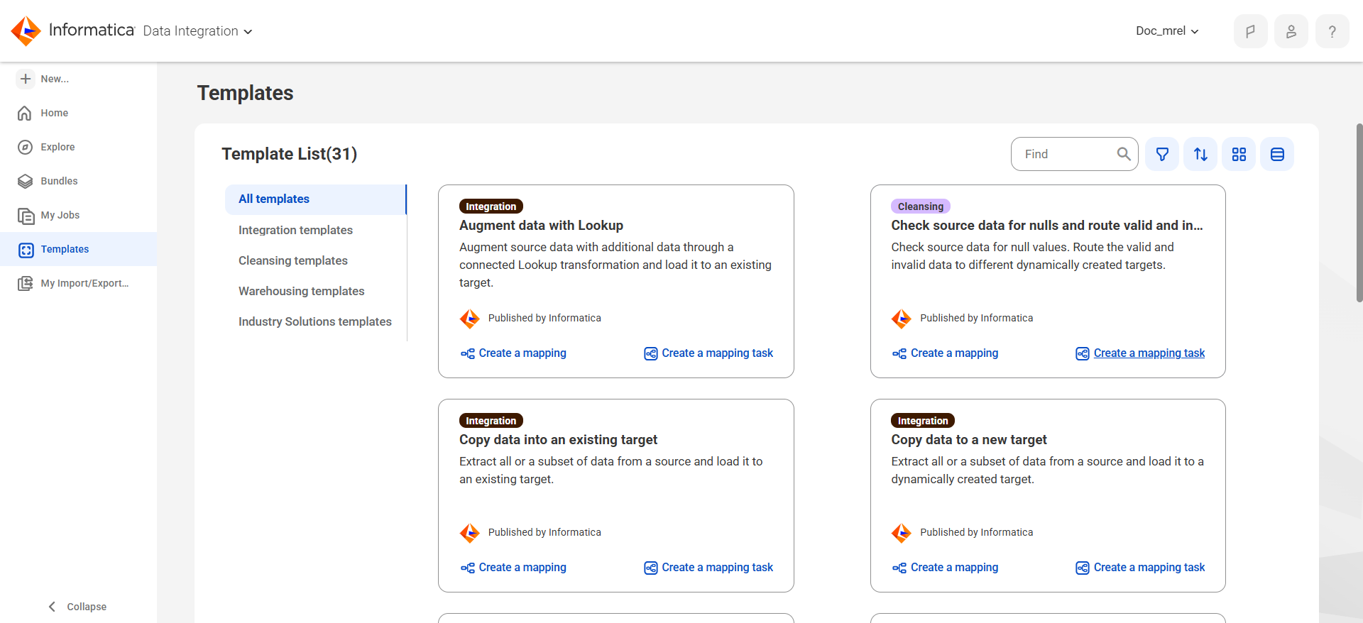 Mapping templates are available on the Templates page. In this image, the All templates tab is open and shows four templates. The page also has tabs for Integration templates, Cleansing templates, Warehousing templates, and Industry Solutions templates. Each template has an option to create a mapping task or a mapping based on the template.