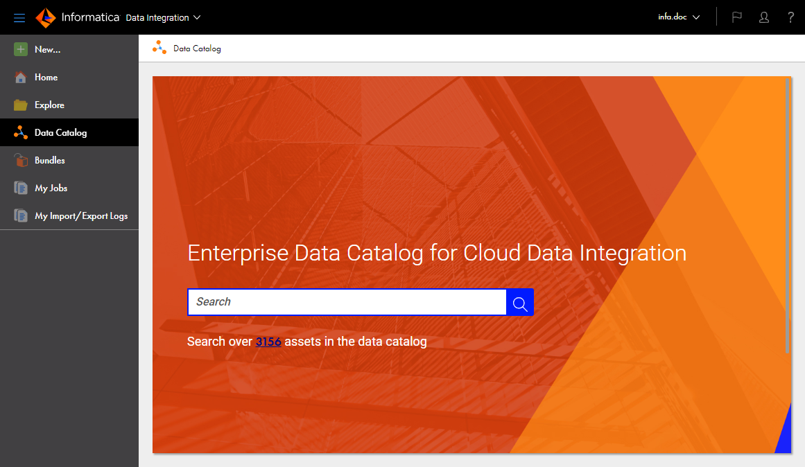 When the organization administrator has configured Enterprise Data Catalog integration properties, the Data Catalog page contains a search field that you can use to search for Enterprise Data Catalog objects.