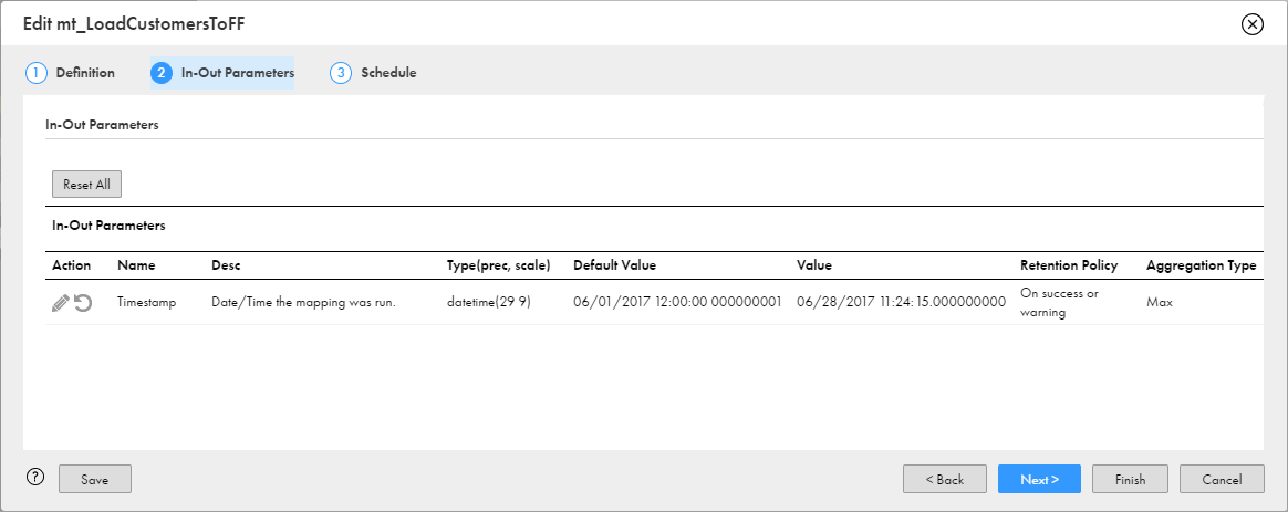 The mapping task wizard displays the in-out parameters.