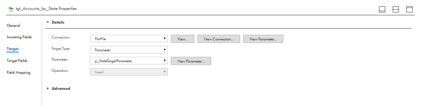 The Properties panel for tgt_Accounts_by_State shows the settings you made for the target connection, target type, and parameter.