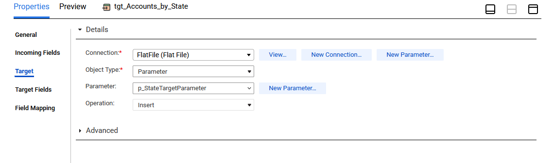 The Properties panel for tgt_Accounts_by_State shows the settings for the target connection, target object type, and parameter.
