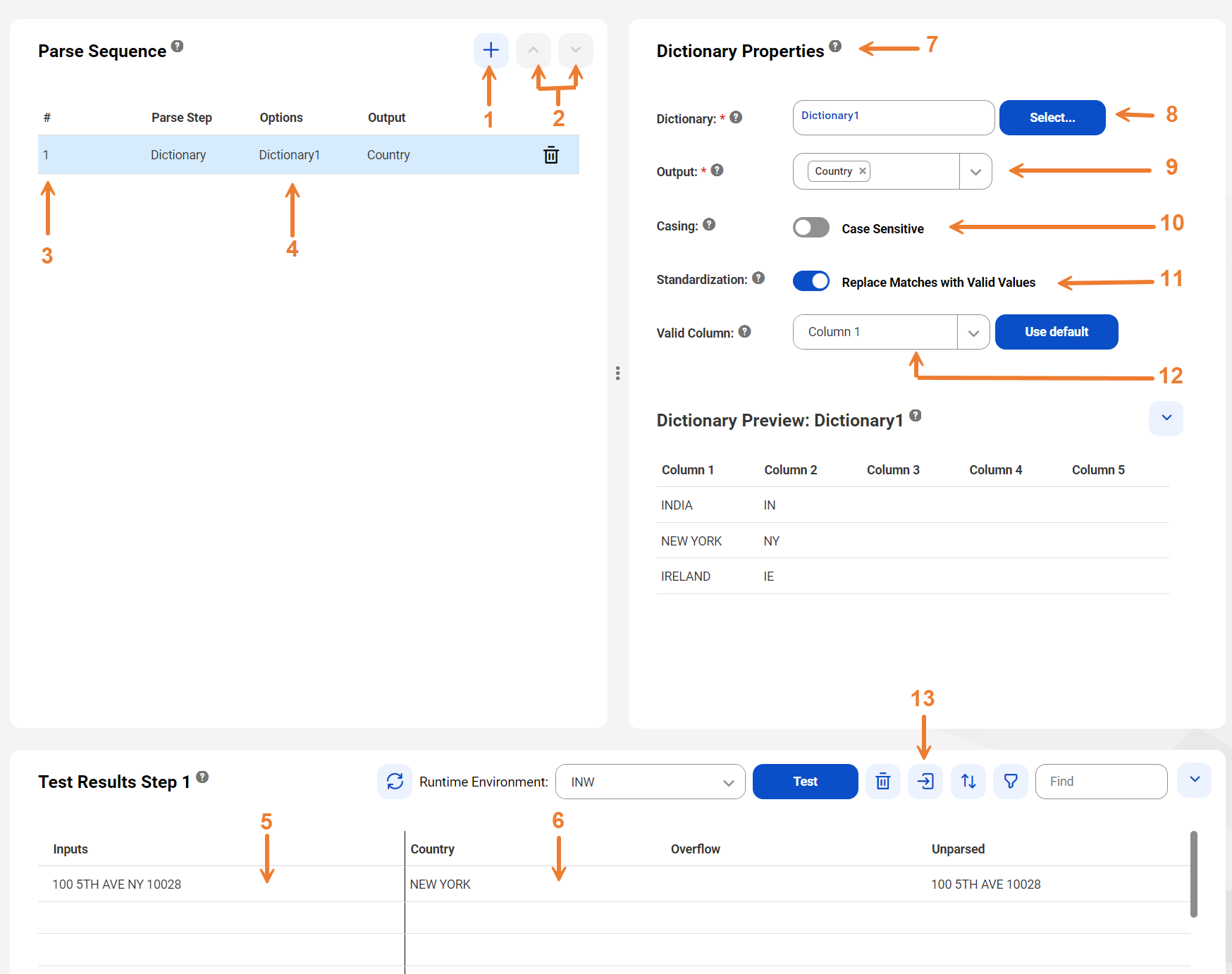 The list of steps in the parse sequence, the dictionary properties, the test panel, and the run-time environment options.