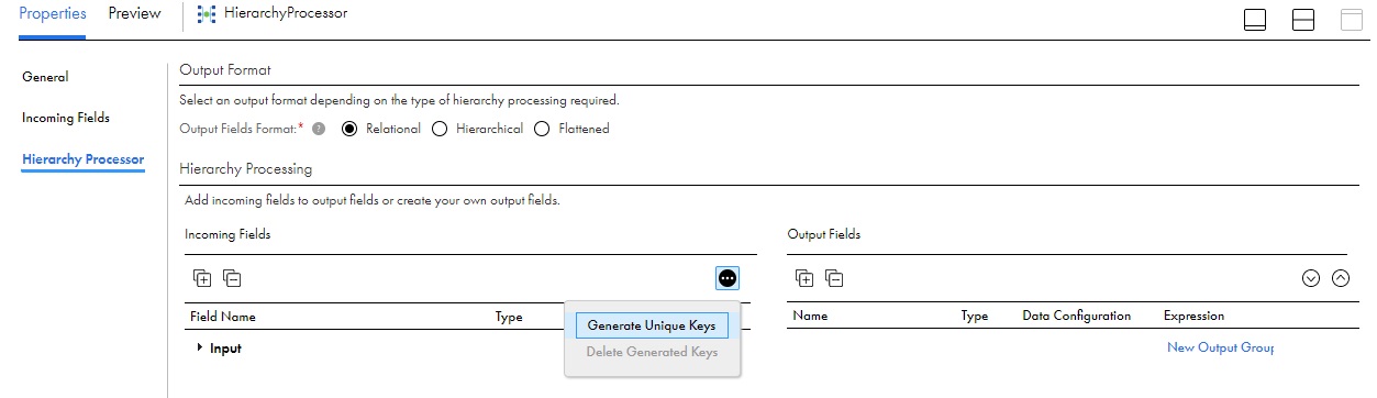 The Hierarchy Processor tab of the Hierarchy Processor transformation contains an icon with three dots. The icon gives you the option to generate unique keys when the output data format is relational.