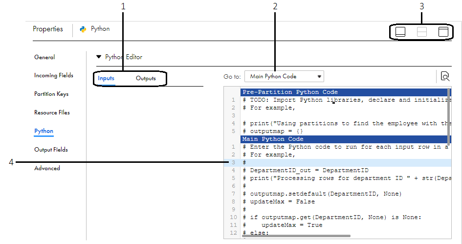 This screenshot shows areas of the Python editor as described in the legend.