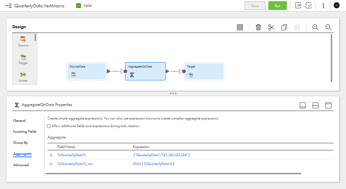 The image shows a mapping with a Source to Aggregator to Target. The Properties panel displays the Aggregate tab of the Aggregator transformation with a %QuarterlyData% macro input field that defines the input fields. It also shows the %QuarterlyData%_out macro output field with the following expression: SUM(%QuarterlyData%).