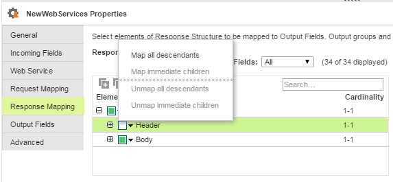 The image shows the choices you have when you right-click a node in the response. You can map all descendants, map immediate children, unmap all descendants, or unmap immediate children.