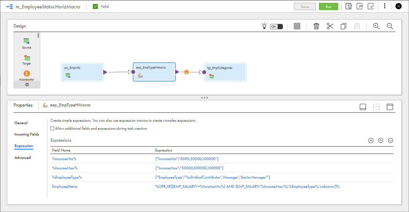 The image shows a mapping from Source to Expression to Target. The Properties panel shows the Expression tab of the Expression transformation. The %IncomeMax% macro input field includes the following constants: 50000, 10000, 150000. The %IncomeMin% field includes the following constants: 5000, 10000, 150000. The %EmployeeType% input field includes the following constants: 'IndividualContributor', 'Manager', 'SeniorManager'. The EmployeeStatus transformation output field has the horizontal macro expression.