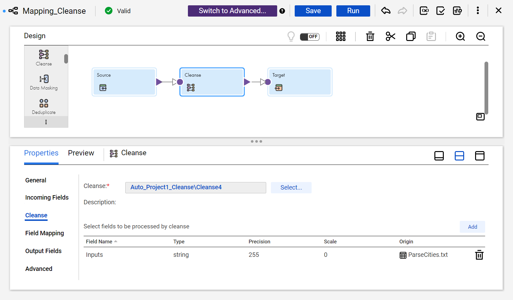 The image shows the Cleanse tab of the transformation. The tab properties include a Select button that adds a cleanse asset to the transformation and an Add button that adds input fields that you can map to the asset.