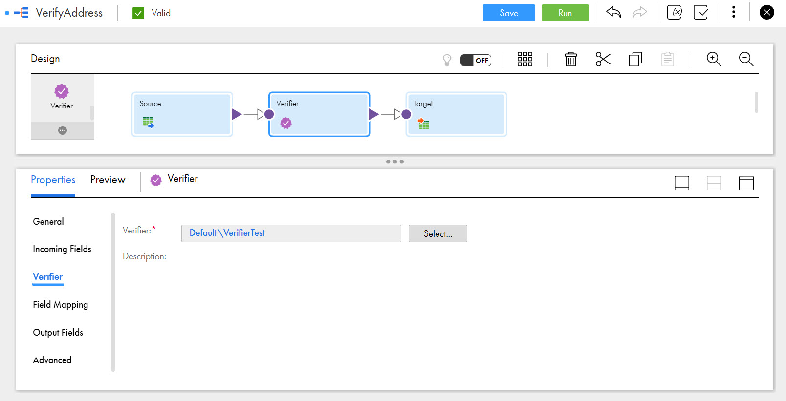 The image shows the Verifier tab of the transformation. The verifier tab includes the verifier field, which identifies the name and location of the asset that you select.