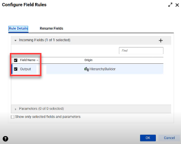The Configure Field Rules window displays the incoming field that you want to rename.