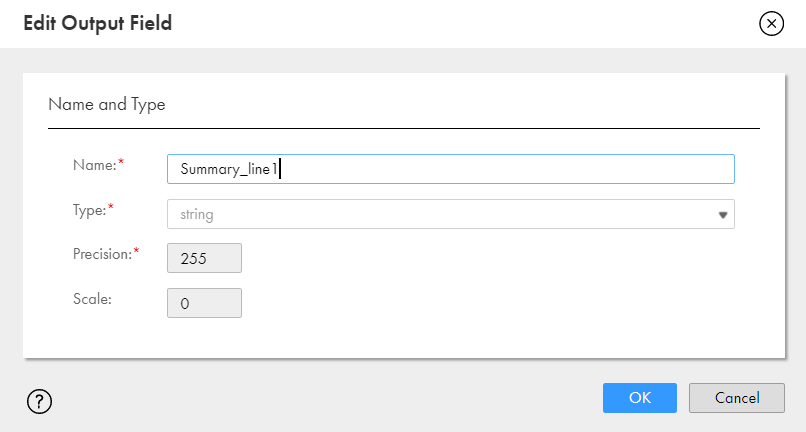 The Edit Output Field dialog box shows the output field name changed to Summary_line1.