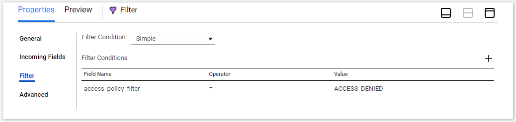 The Filter tab shows "Simple" as the filter condition and ACCESS_DENIED as the value for the access_policy_filter field name.