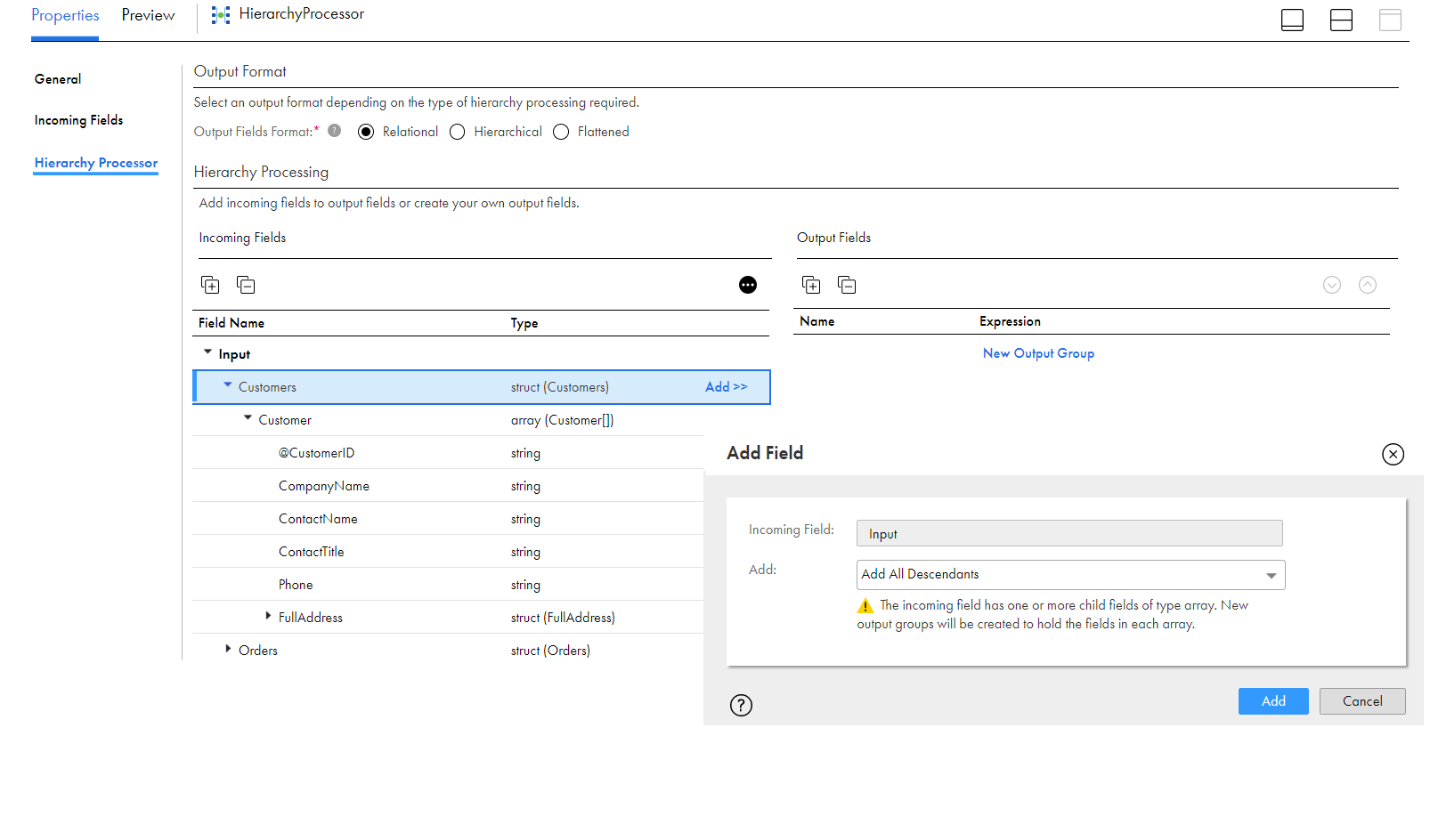 The Hierarchy Processor tab contains a list of incoming fields on the left and output fields on the right. The Add Field dialog box is shown on the right.